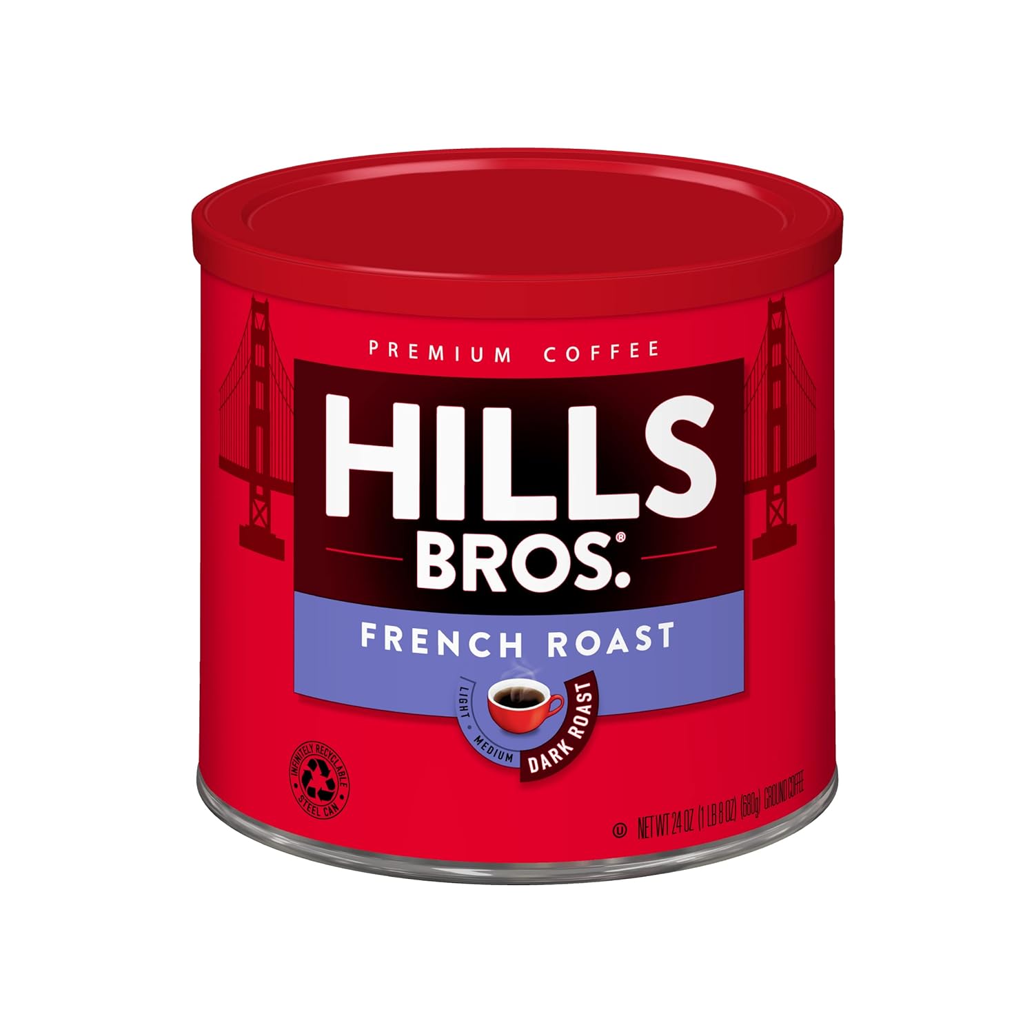Hills Bros. French Roast Ground Coffee – Premium Arabica Coffee Beans – Dark Roast, Rich Flavor Cup After Cup – Recyclable Steel Can for Freshness – Certified Kosher – 24 OZ Can