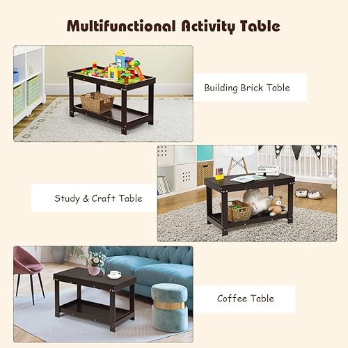 Miniatura 5 de Costzon Mesa de actividades 2 en 1 para niños con almacenamiento, tabla de bloques de construcción patentada con tablero para dibujar ladrillos,