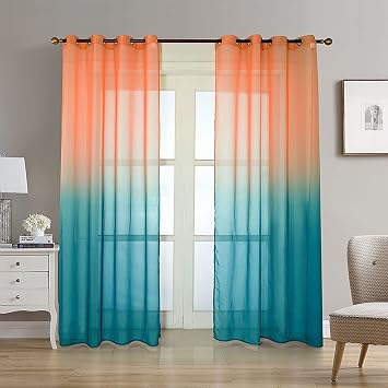 BOYOUTH Orange and Blue Gradient Color Pattern Sheer Voile Window Curtains,Grommets Curtains and Drapes for Bedroom,Living Room,52 by 63 Inches,2 Panels