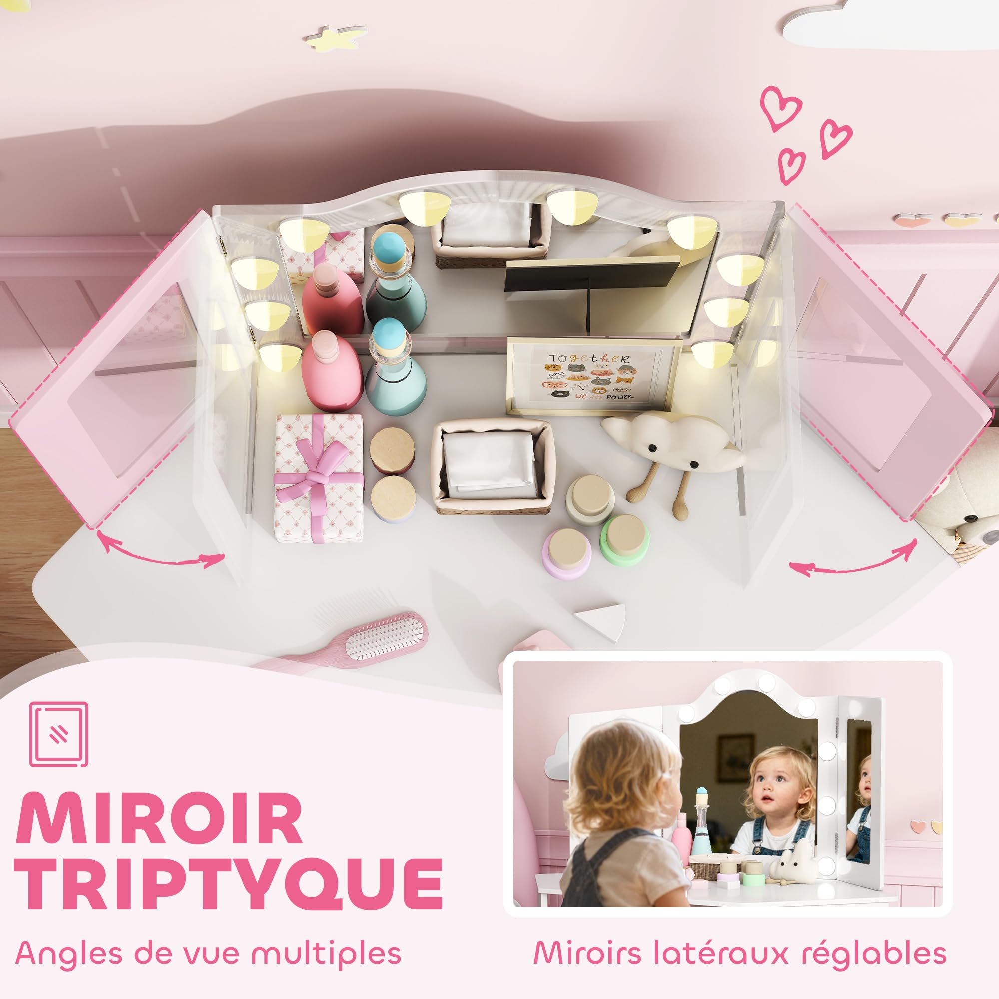 AIYAPLAY Coiffeuse Enfant 2 en 1 avec Tabouret, Bureau Fille avec Miroir triptyque et lumières LED Bicolores, Pochette de Rangement latérale, Table de Maquillage pour Enfants de 3 à 8 Ans, Blanc