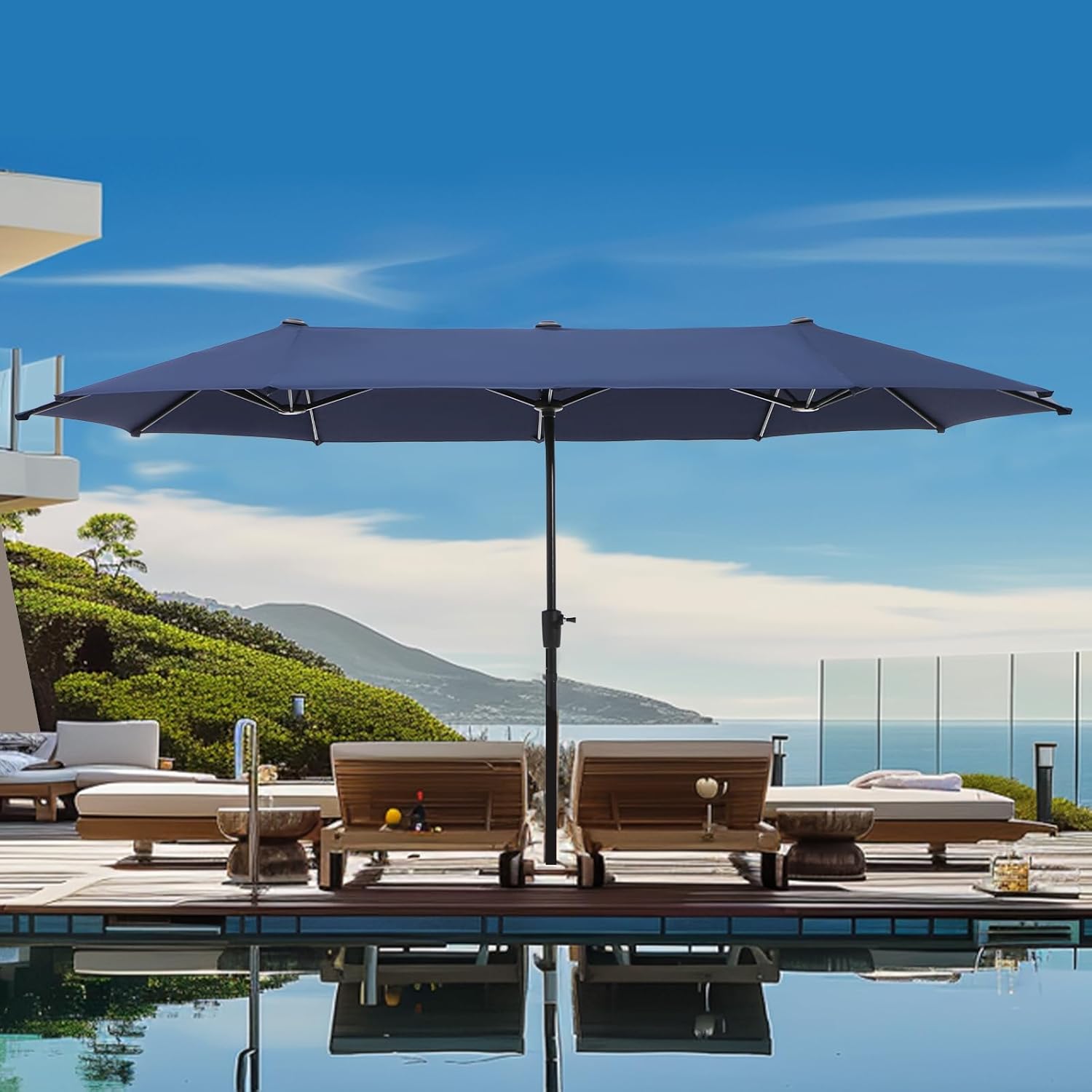 GREEN PARTY 13ft Rectangle Patio Umbrella, Double Sided Outdoor Table Umbrella with Crank & 1.5" Pole, Large Market Umbrella for Poolside Garden Deck Backyard, Navy Blue
