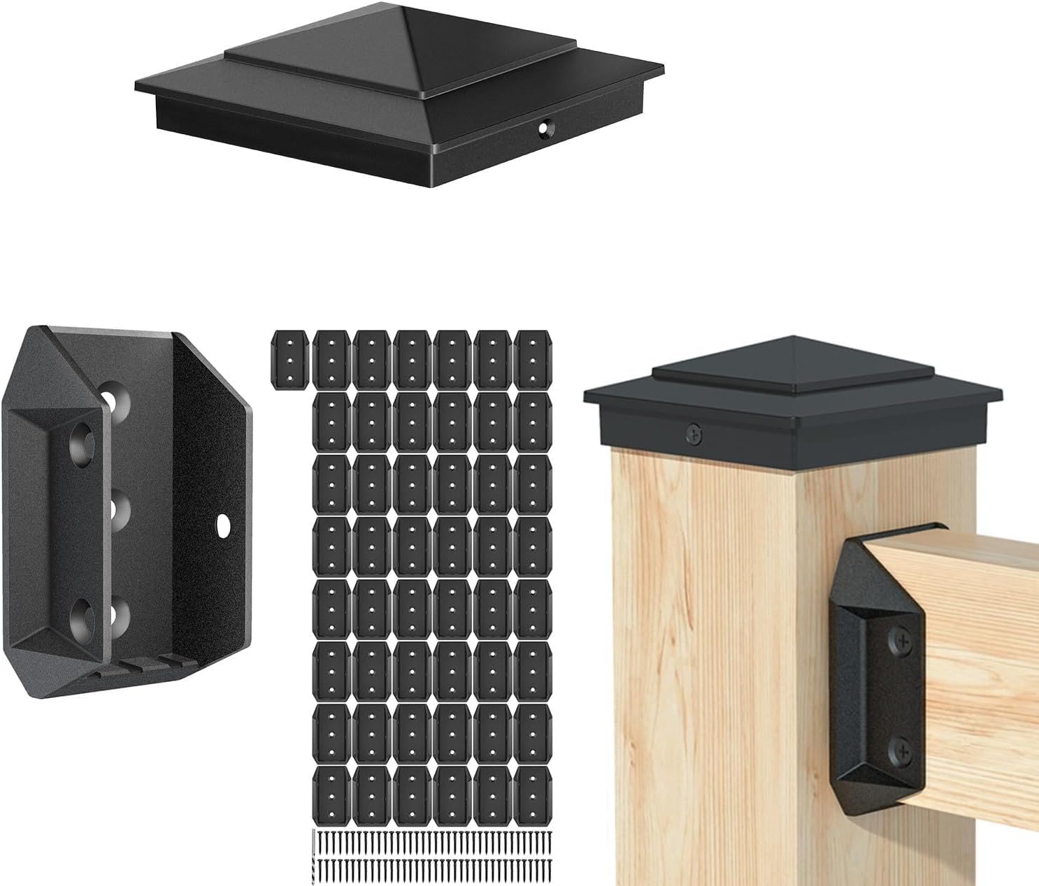 50-Pack 2x4 Aluminum Railing Brackets & 12-Pack 4x4 Post Caps – Heavy-Duty Connectors with 300 Screws, Unbreakable Fence Caps for 3.5" X 3.5" Decks, Stairs, and Cedar Fences