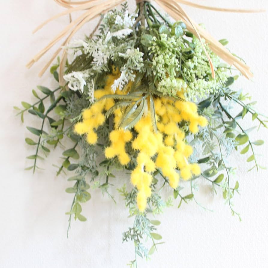 ミモザとユーカリのミニリース ② Amazon｜ミモザ ユーカリ リース 造花 ミニスワッグリース｜造花