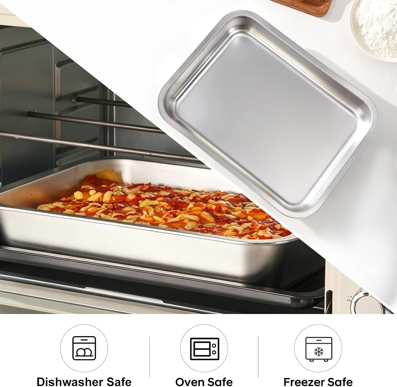 Lasagna Pan with Lid, 15.5x11.6x2.7 Inch Large Stainless Steel Nonstick Lasagna Baking Roasting Dishes Pan for Oven(L, 1 Pack)
