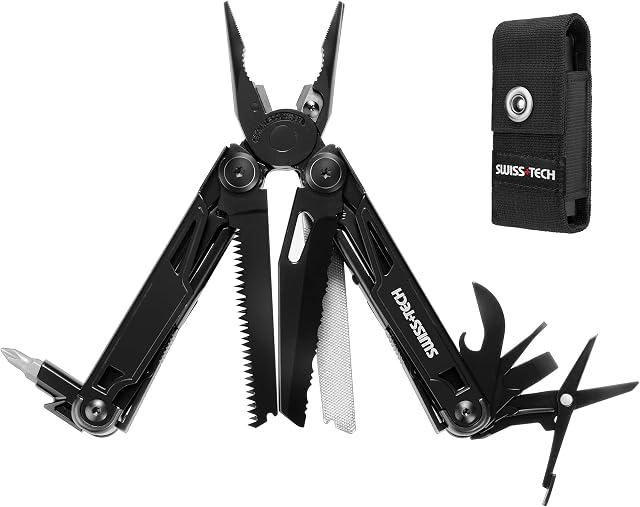 Swiss+Tech Multifunctional Pliers 16-in-1, Foldable Multi-Tool Multifunctional Pliers with Scissors, Saw, Bottle Opener, Screwdriver for Camping, Outdoor, Repairing, with Carry Bag