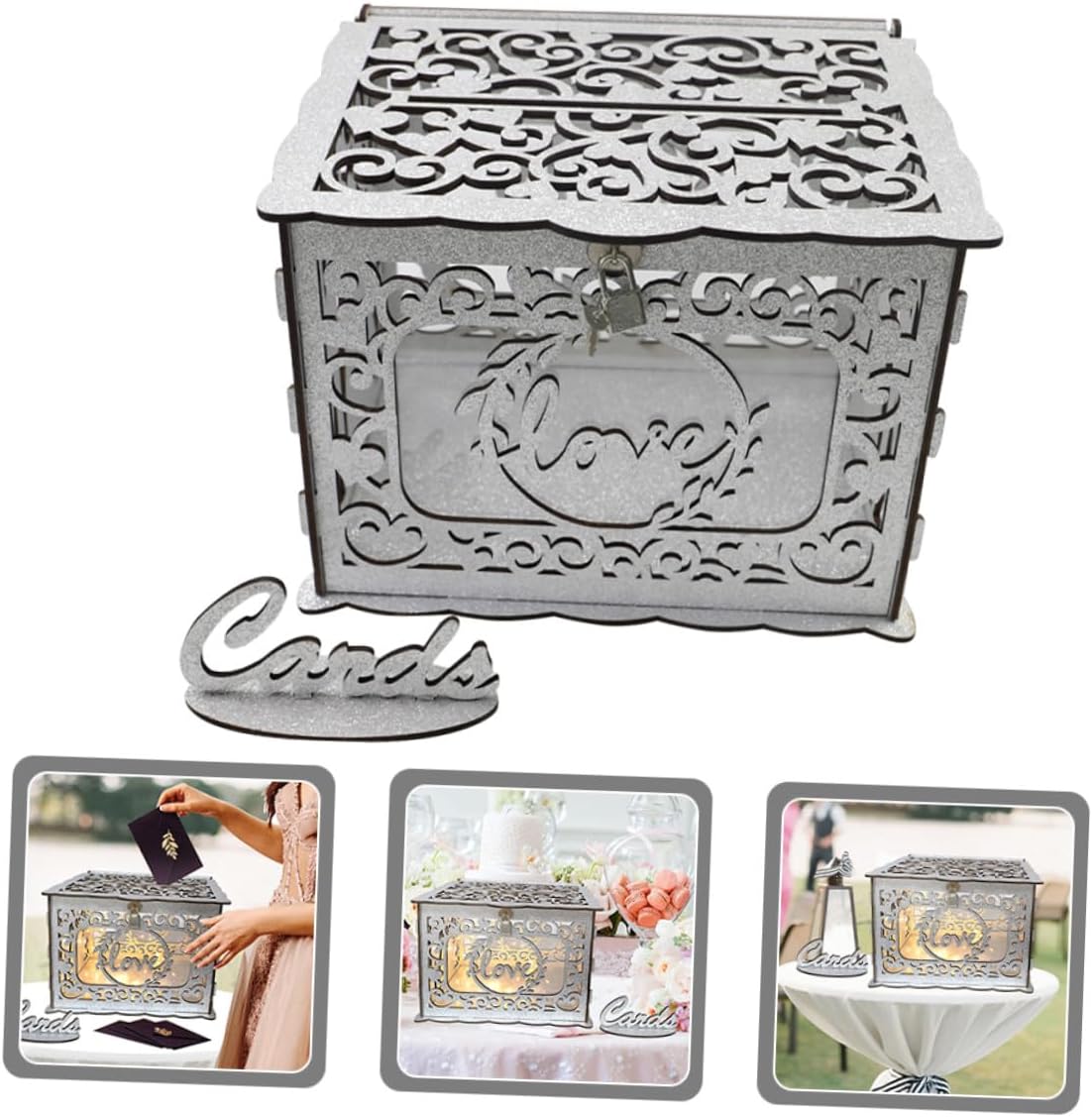 VOSAREA Wooden Hollow Glitter Card Box Portable Wedding Reception Money Envelope Storage Container Anniversary Graduation Blessing Card Holder