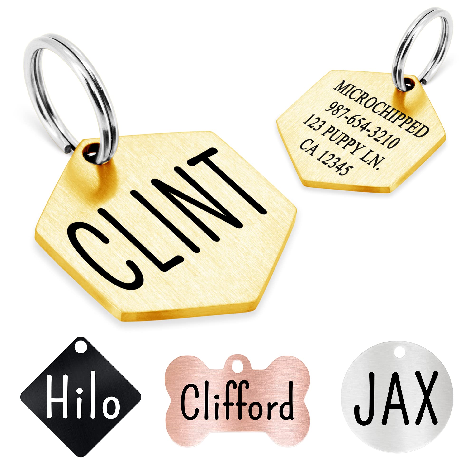 Ultra Joys Personalized Dog Tags - Engraved Front and Back - Stainless Steel, Hexagon, Gold, Large