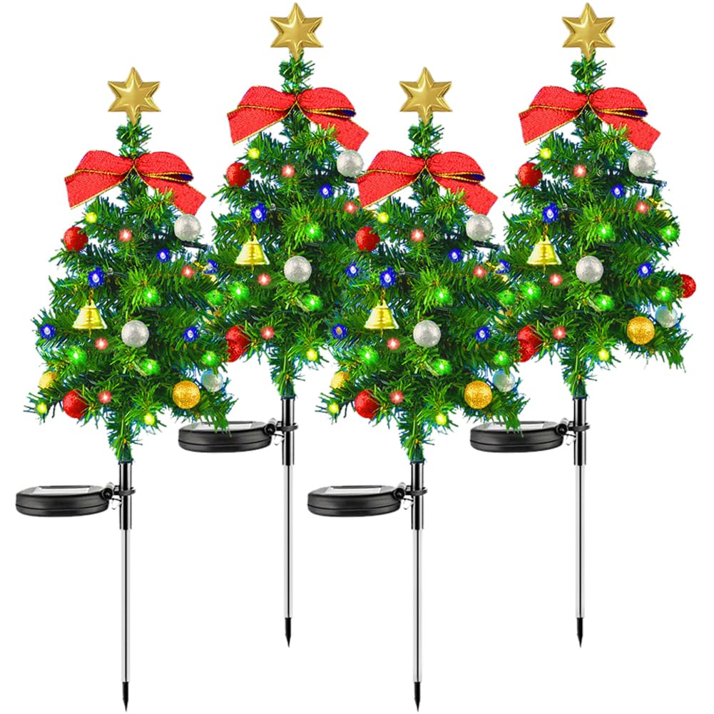 FYKTIK 4PCS Solar Christmas Tree, Solar Christmas Lights Outdoor, Waterproof LED Solars Xmas Decorations with Bow & Bell, Solars Stake Lights for Garden Pathway Lawn Patio, Xmas Decor for Home & Yard