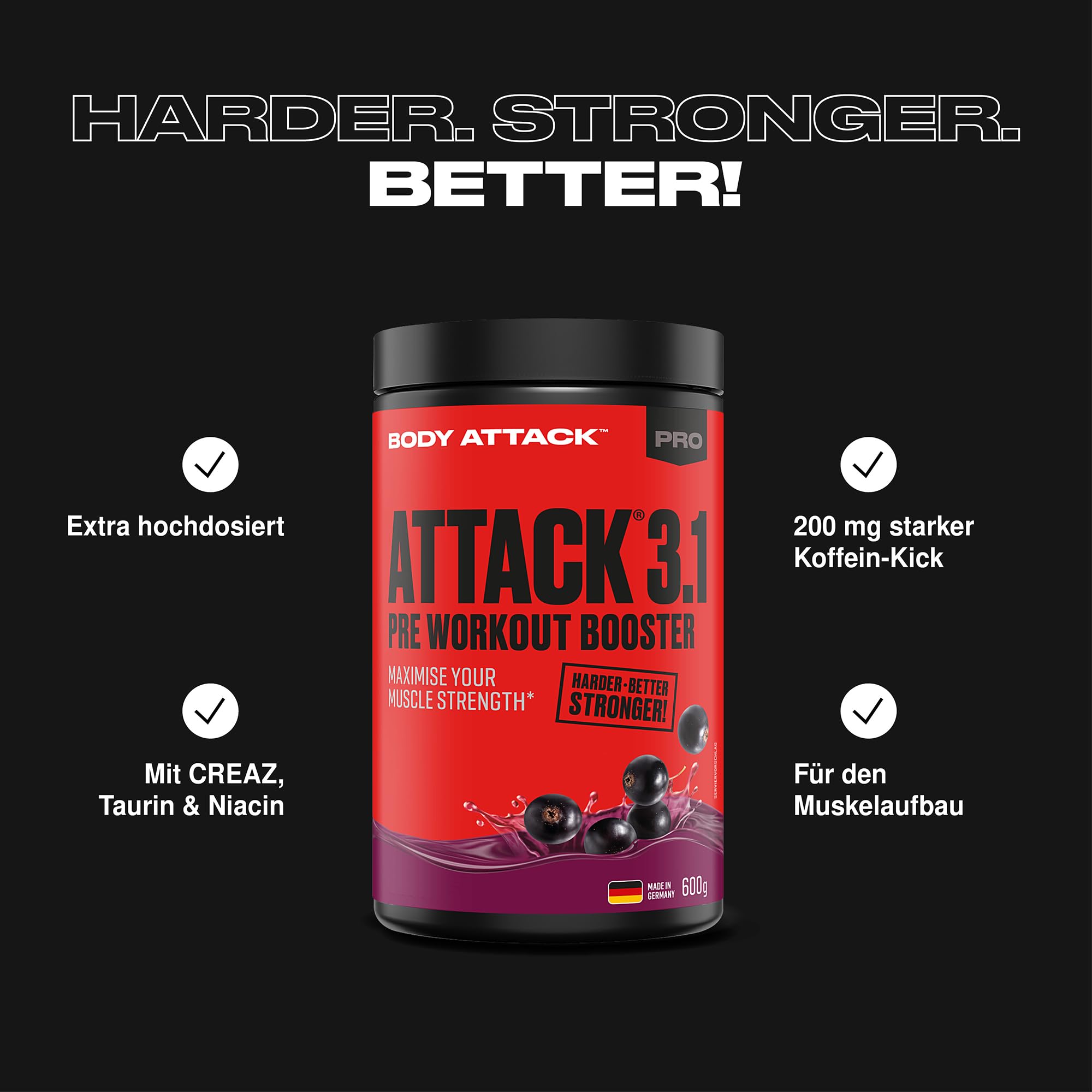 Body Attack PRE WORKOUT BOOSTER – Green Apple, 600 g - Hochdosierter Pump Booster mit Koffein, L-Arginin, Taurin & Creatin - Speziell entwickelt für Bodybuilding & Muskelaufbau Training