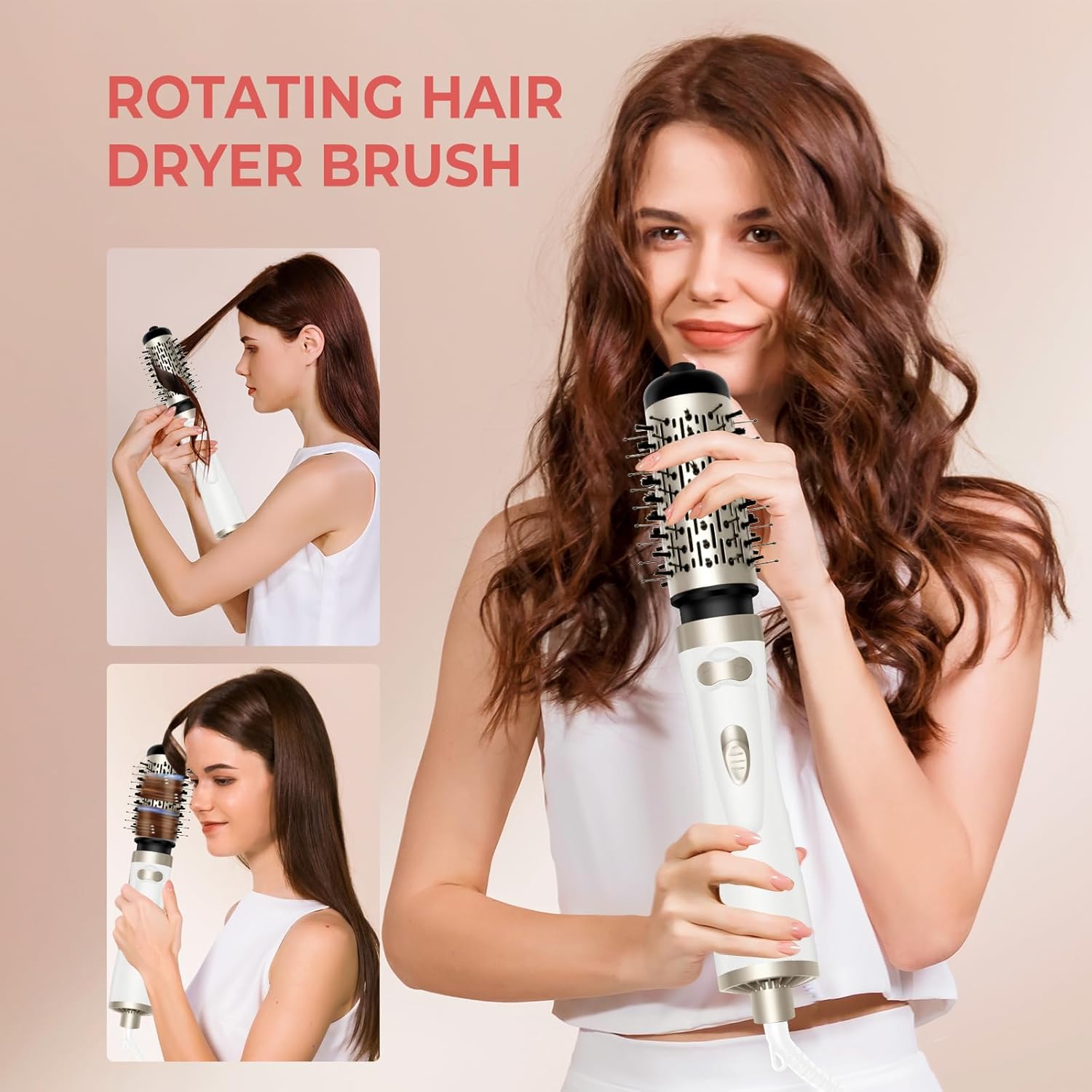 Hair Dryer Brush, 3-in-1 Rotating Round Hot Air Spin Brush Set with 2 Brushes (2" & 1.5"), Negative Ionic Blow Volumizer, 2 Detachable Auto-Rotating Curling Brush