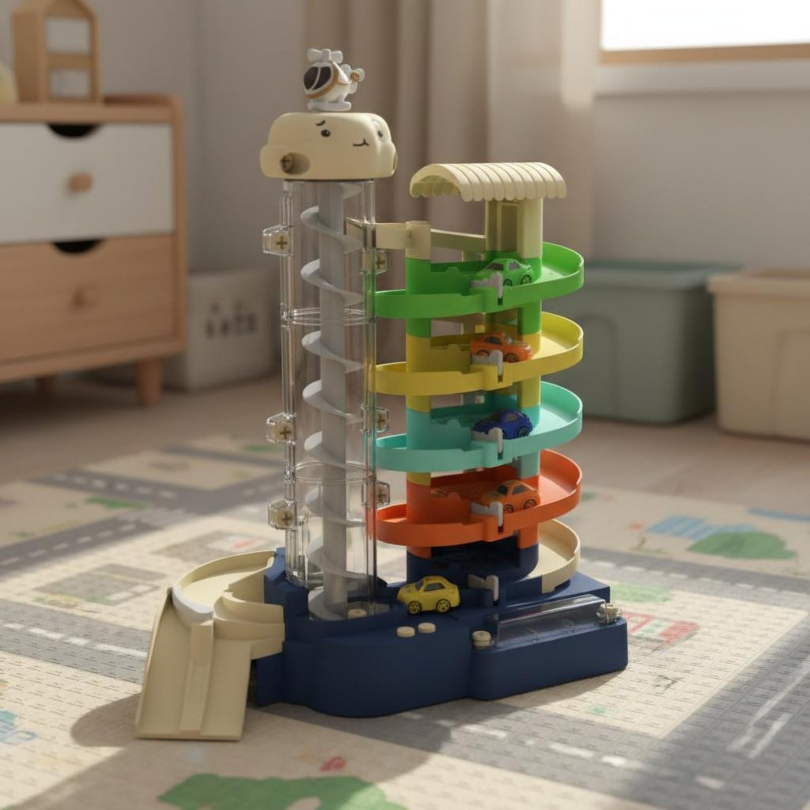 Kinder Parkspiel Garage Spielset Autorennbahn Fahrzeugrampe Parkhaus Elektrolift Elektronik mit Licht Und Musik für Geschenk An Kinder Zuhause Lernspiele, 5-Stöckiges Parkhaus