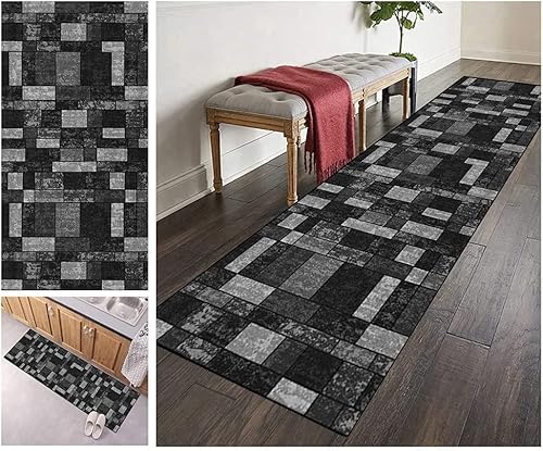 ZVEZVI Teppich Läufer Flur Küche Grau und Schwarz Geometrische Muster 50x280cm Modern rutschfest Waschbar Vintage Kücheläufer Teppichläufer Polyester Meterware Anpassbar