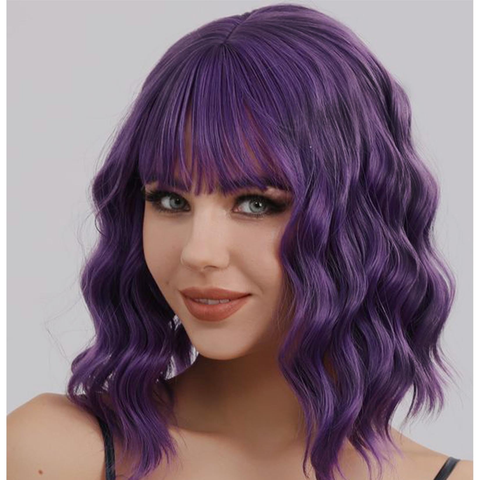 andromeda Purple Wavy Wig with Bangs Soft Short Bob Wigs for Women Synthetic Shoulder Length Women's Wig for Halloween Costumes Cosplay Daily (Dark