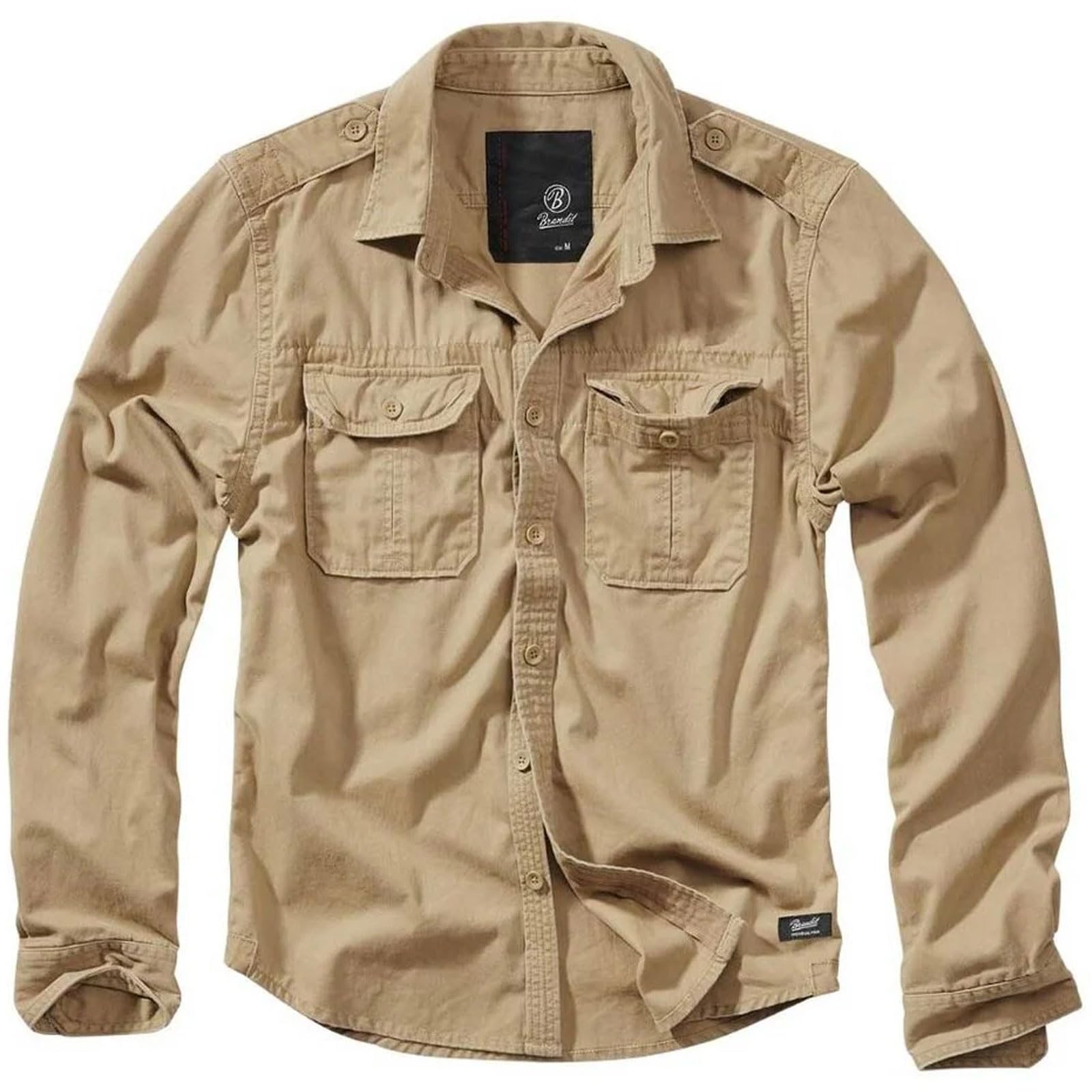 Brandit Individual WEAR Men's Rugged Cotton Breathable Casual Button Down Long Sleeve Shirt with Raw Edges & Shoulder Boards