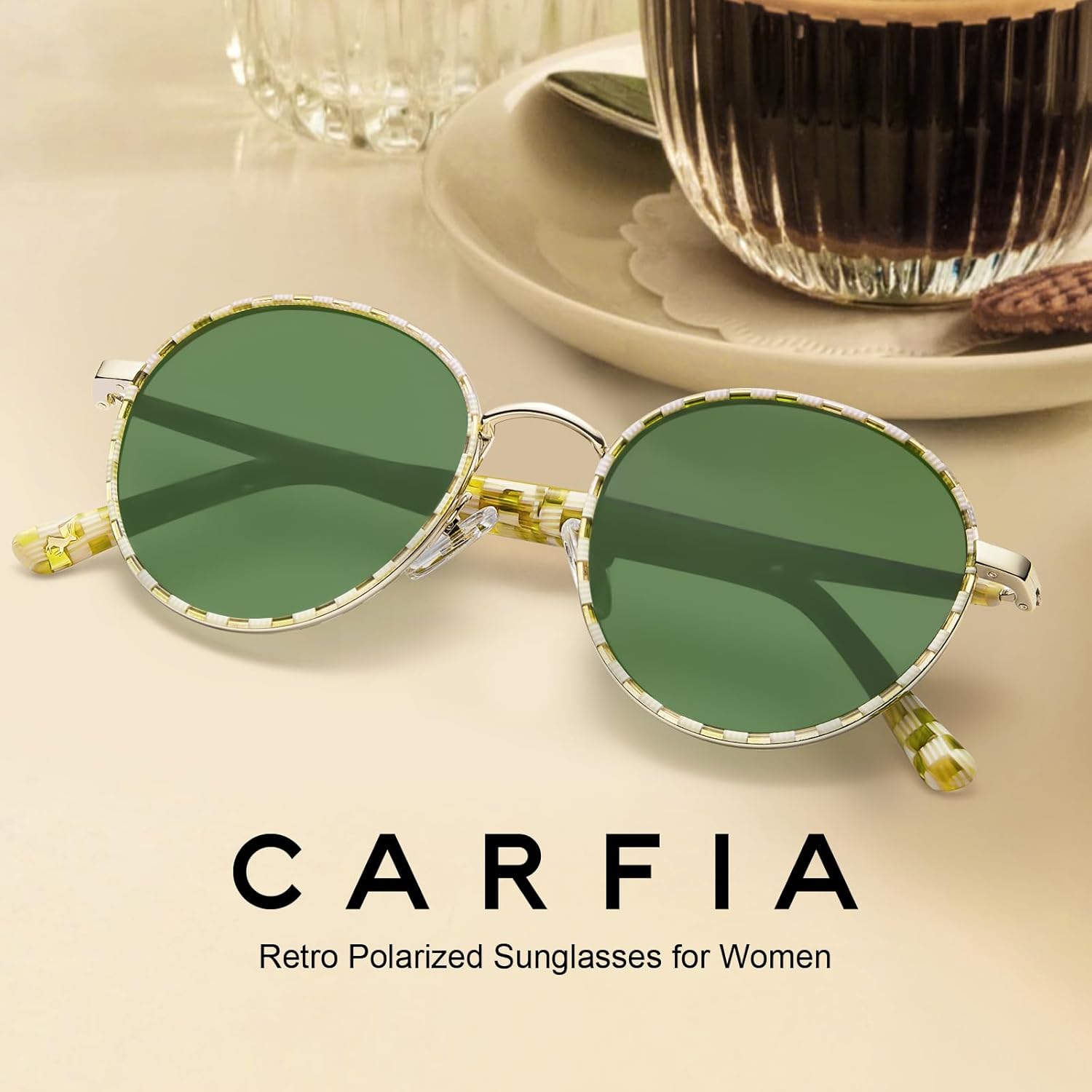 CARFIA Retro Round Polarized Sunglasses for Women UV Protection Acetate Arms Metal Frame Driving Glasses - Image 4