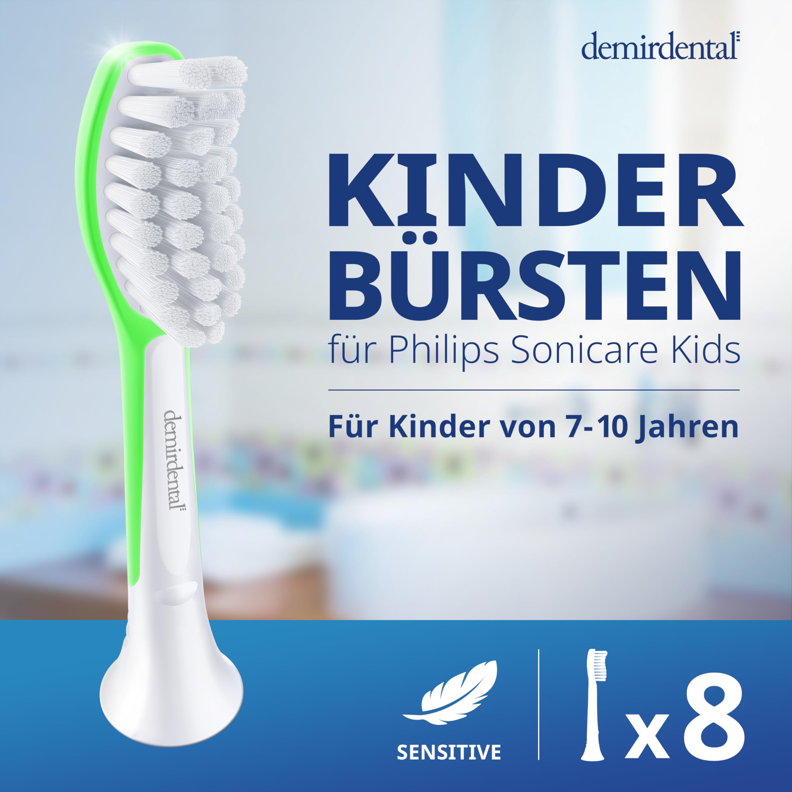 demirdental Wymienne szczoteczki dla dzieci, pasują do Philips Sonicare Kids, szczoteczki do zębów dla dzieci, szczoteczki do zębów dla dzieci od 7 lat, odpowiada HX6048, zielone, zestaw 8 sztuk