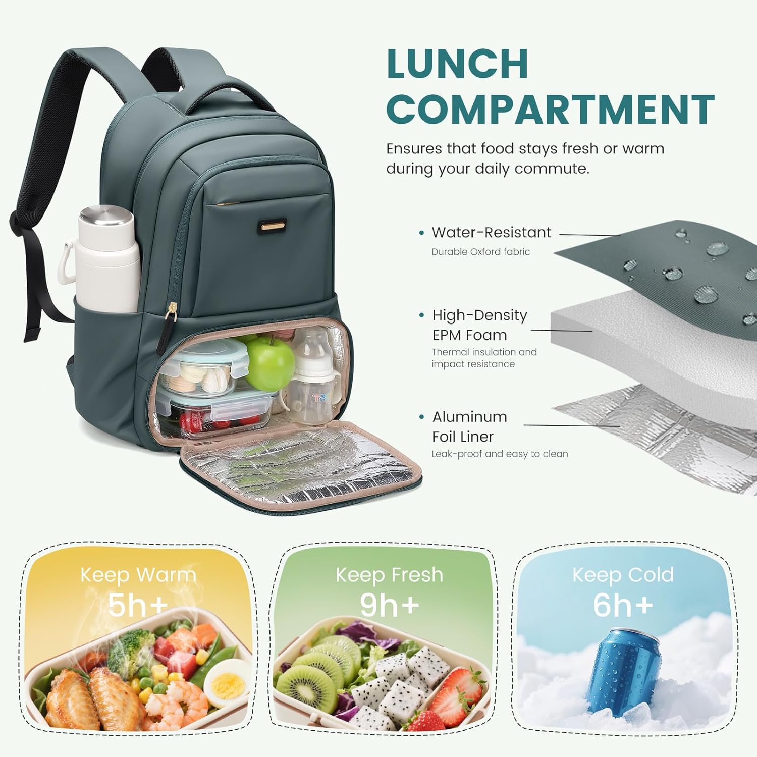Lunch Backpack 16 Inch Laptop Backpack with Insulated Cooler Lunch Box Food Bag for College Work Camping Picnics (Atrovirens) - Image 2