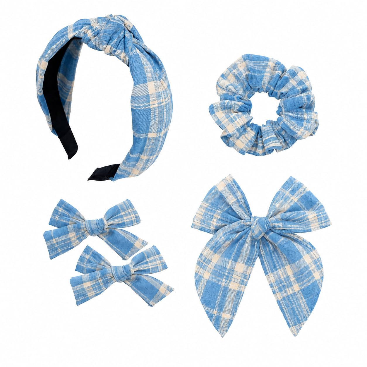 5 Pcs Blue Plaid Hair Accessories Set Headband Scrunchie Bow Clip