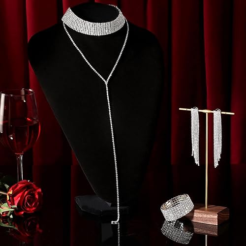 Miniatura 2 de Juego de 2 joyas de cristal de diamantes de imitación para mujer, disfraz de novia con purpurina, collar con flecos, pulsera, Diamante de imitación
