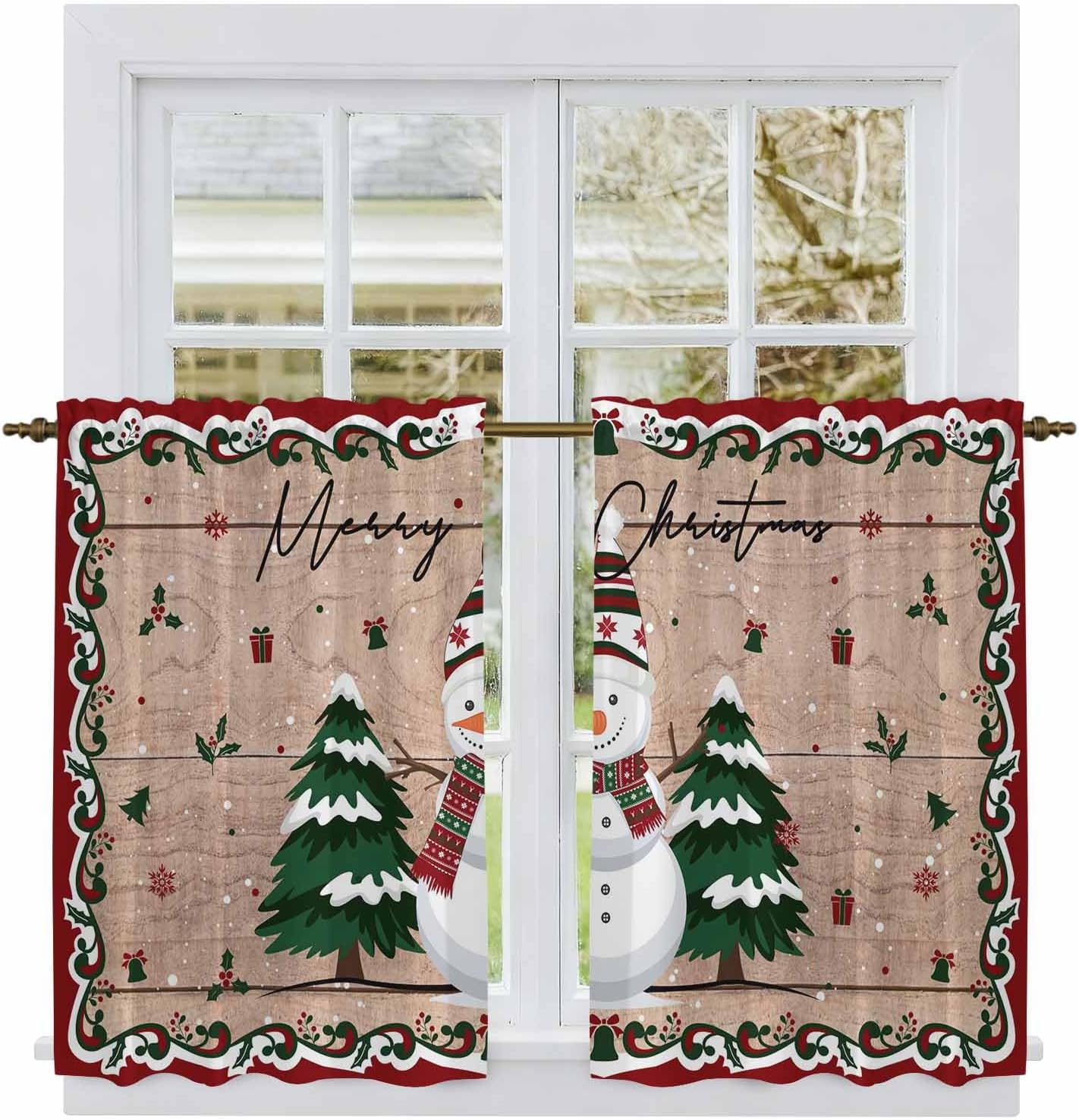Christmas Snowman Kitchen Tier Curtains 45 Inch Long 2 Panel Set,Rod Pocket Short Window Treatment,Xmas Tree Snowflake Wooden Winter Curtains & Drapes for Bathroom Basement 27.5"W x 45"L