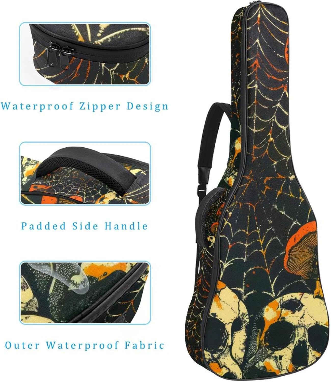 Acoustic Guitar Gig Bag 10mm Thick Padding, Soft Waterproof Guitar Case with Adjustable Backpack Straps for 40-42 Inch Guitar, Skulls Mushroom Web