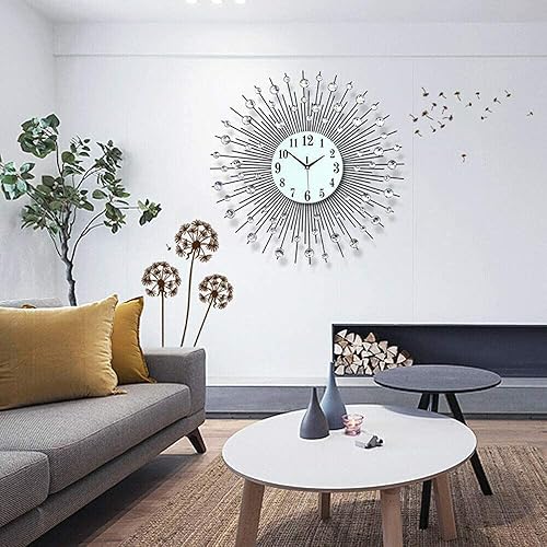 Reloj de pared moderno con forma de flor de cristal 3D, 23.62 pulgadas, espejo plateado de metal vintage, brillante, con tachuelas de diamantes,
