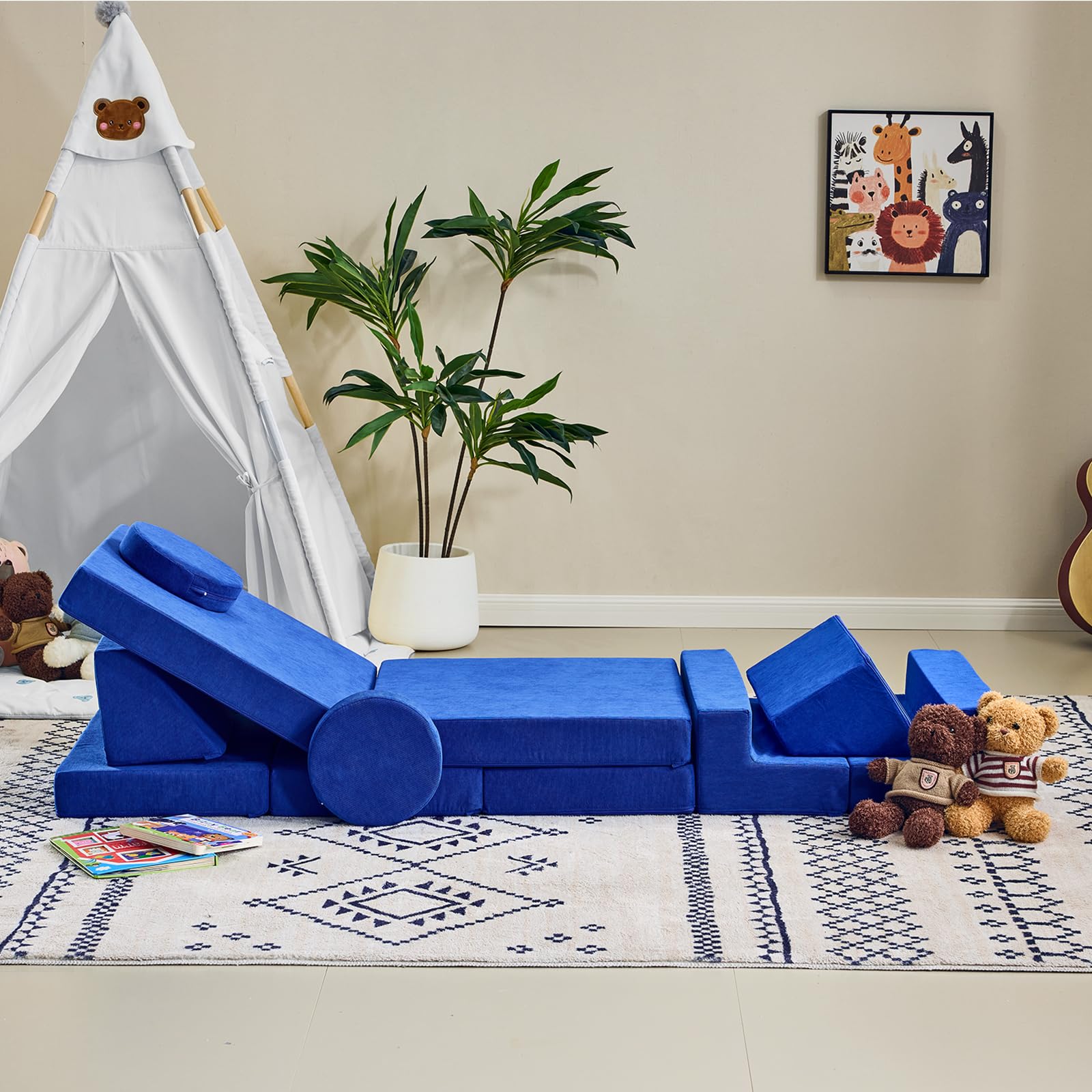 LALAHO Canape pour Enfant Modulaire，Chauffeuse 2 Places，Chauffeuse & Canapé Convertible Enfant，Velours Côtelé，Librement Combinable，pour Chambre d'enfant, Salle de Jeux，Chambre à Coucher（Bleu）