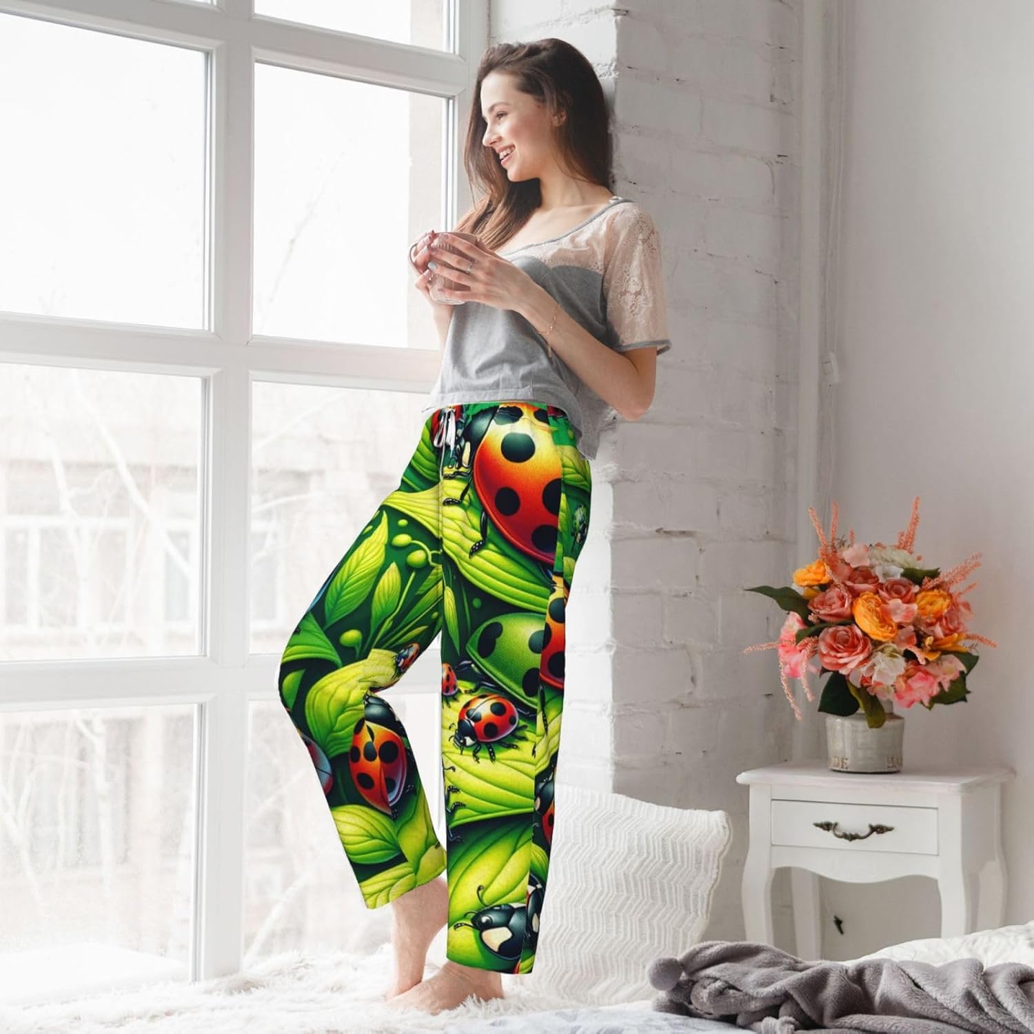 Women'S Spring-Animal-Leaves Fleece Pajama Pants, Cozy Flannel Lounge Bottoms For Women