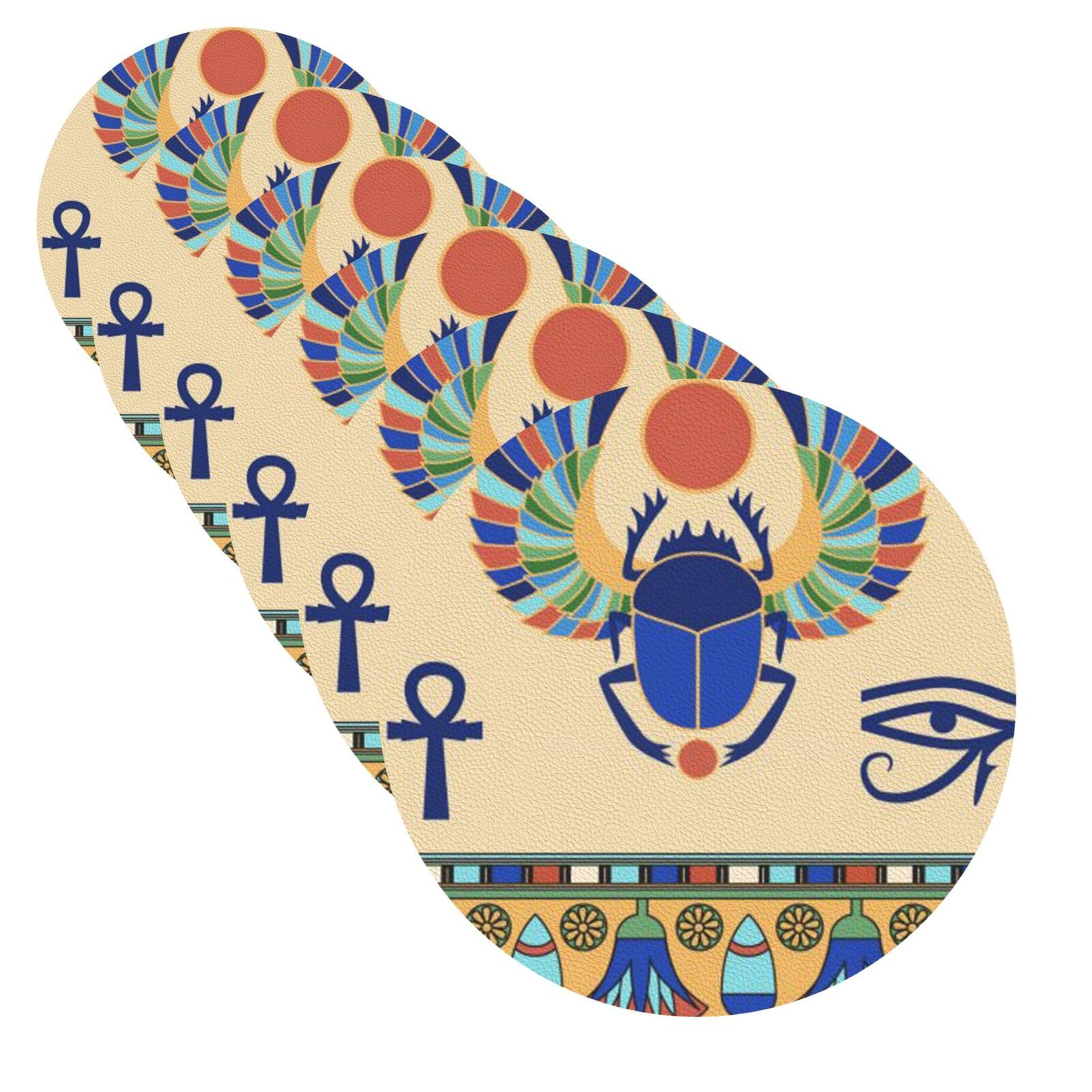 6Pcs Drink Coasters with Holder Leather Coaster for Drinks Egyptian Scarab Decorative Bar Beer Beverage Coaster Set Easy Clean Cup Mat Pad for Kinds of Glass Coffee Cup Mug