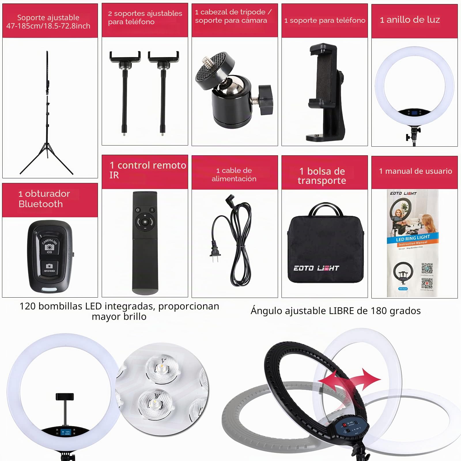 Anillo de luz LED de 19 Pulgadas con Soporte para trípode, Anillo de luz para Selfie, Pantalla táctil LCD, luz para Video Vlog de Retrato de Estudio con Bolsa de Transporte y Control Remoto, CRI>97
