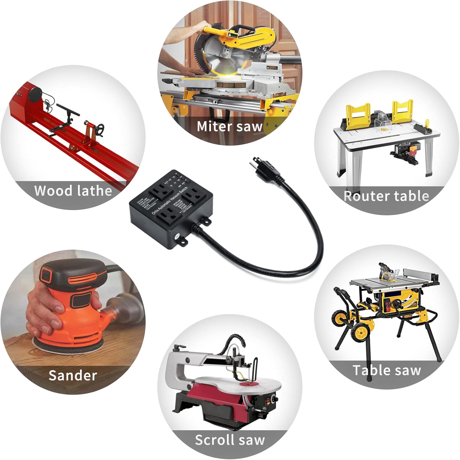 Automatic Vacuum Switch with Extra Outlet for Using More Power Tools, Ortis Dust Control Autoswitch Delay Vacuum On/Off to Prevent Circuit Overload and Tripping, Adjustable Actuation Threshold, Black