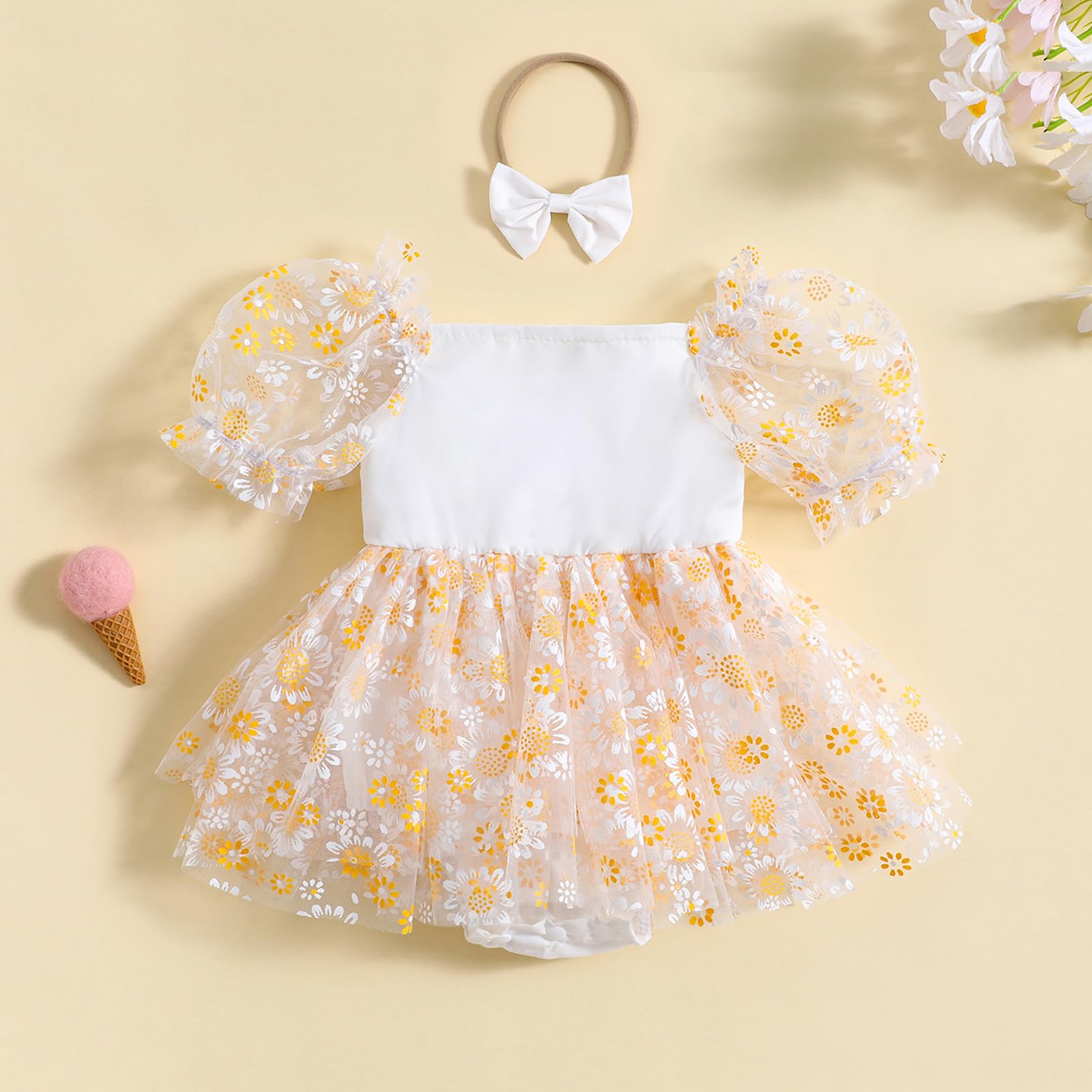Baby Girl Smocked Bubble Romper Dress Sleeveless Daisy Tulle Princess Dresses Infant Summer Clothes Cute Outfit (Daisy White, 6-12 Months)