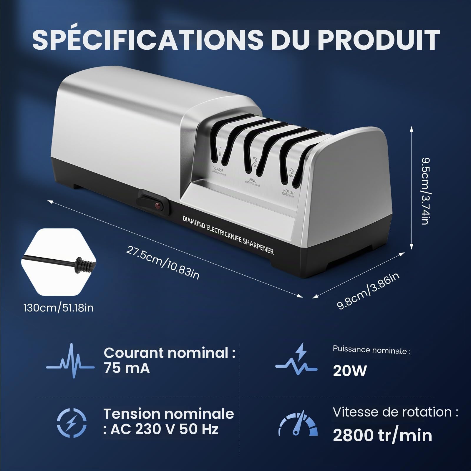 Aiguiseur de couteaux électrique MusyVocay 100% diamant, aiguiseur de couteaux de cuisine professionnel à 3 niveaux et 20 degrés avec guide d'angle de précision pour un affûtage grossier (Argent)