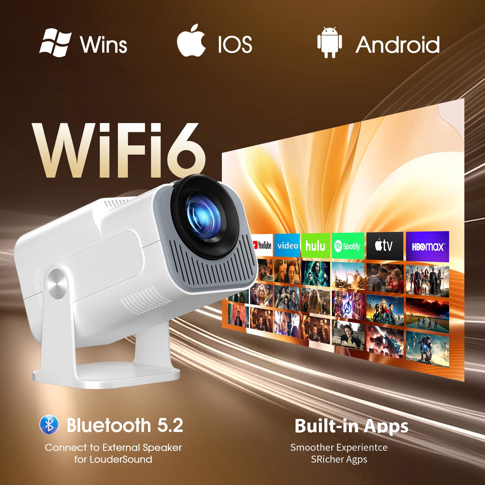 Vidéoprojecteur 2026 Upgraded 1920 * 1080P FHD 4K WiFi 6 Bluetooth 5.2