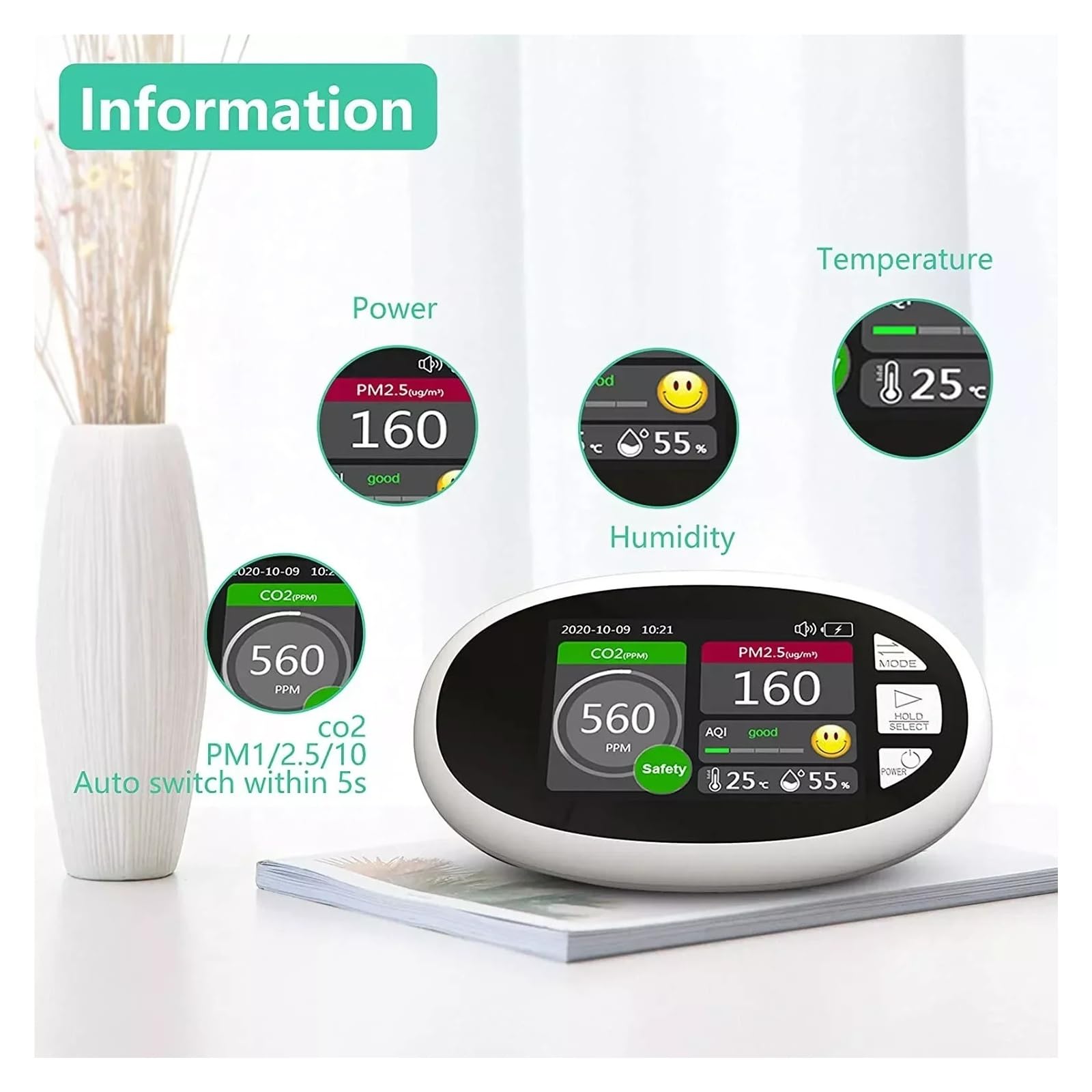 Monitor della qualità dell'aria con display LCD, rilevatore di CO2, temperatura e umidità con allarmi visivi e acustici for lavoro e casa Interno/esterno