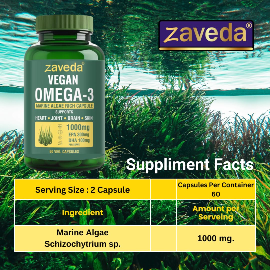 Zaveda Vegetarian Omega 3–1000 mg per serving), (60N), sour, omega 3 fatty acid capsules are good for heart, brain, eye, skin, skin, muscles, bone and joint support - vegetarian 60 capsules.