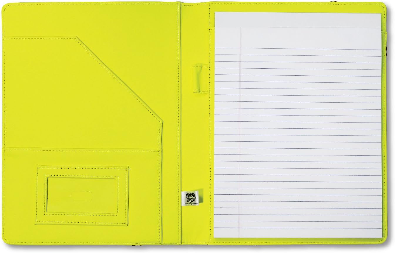 Zumer Sport Softball Leather Notepad Portfolio - Made with actual softball materials - Large pad agenda planner book - Ruled note paper - Pen Holder - Business Card Holder - Neon Yellow, Red Stitching
