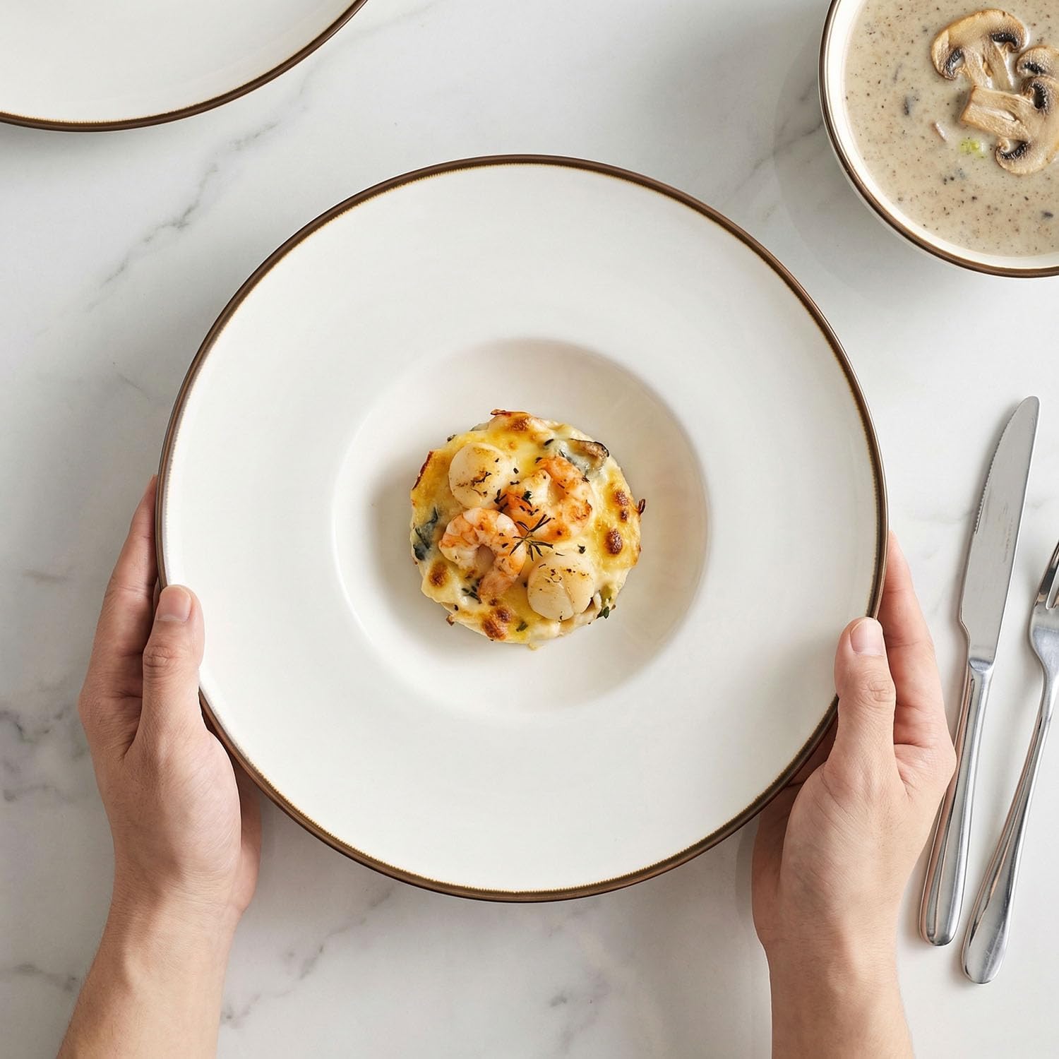 Soup Bowls soup Plate 7 oz Pasta Plate, Set of 4 White Shallow Bowl Plates,Porcelain Rimmed Bowls with Rim, Microwave ovens and refrigerators safe 10.5 Inch