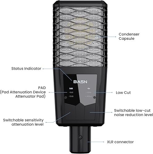 Miniatura 9 de BASN BMS2 Micrófono de condensador cardioide, micrófono de grabación XLR de estudio de diafragma grande para podcasting, canto, transmisión (negro)