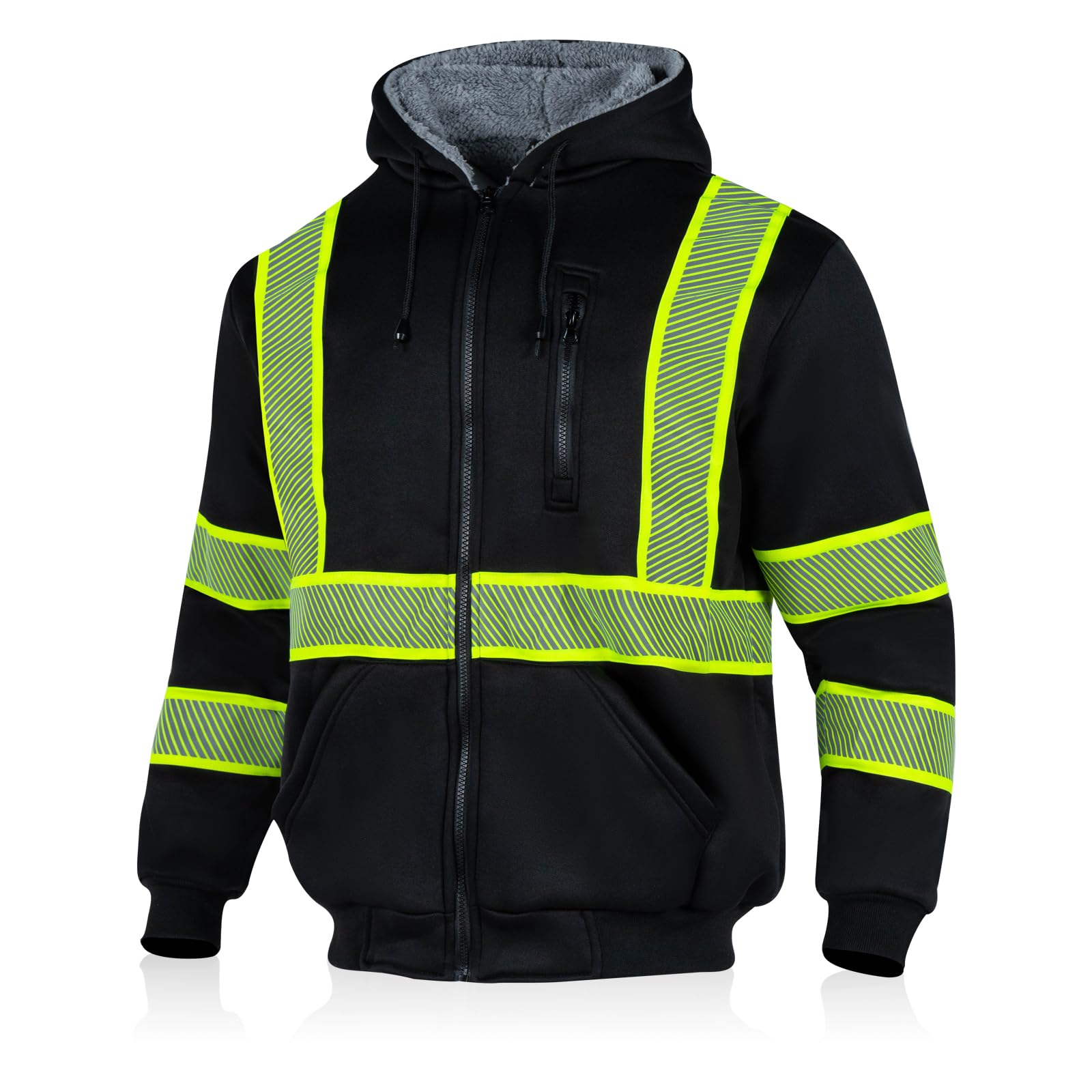 WISIGO High Visibility Safety Jacket ANSI Class 3 Reflective Zipper Hooded Sweatshirt for Men Work Construction(BLACK,2XL)