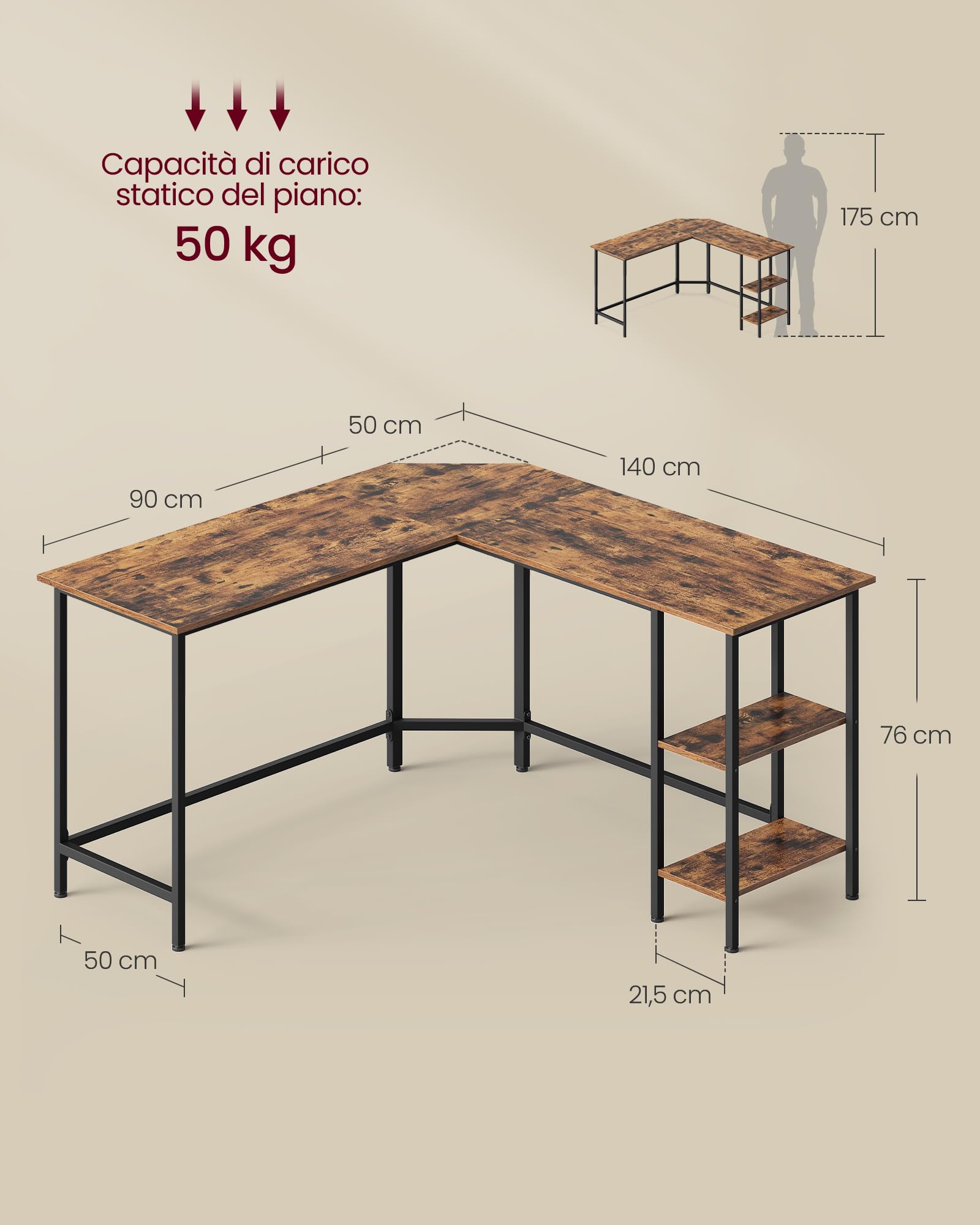 VASAGLE Scrivania per Computer a Forma di L, 138 x 138 x 76 cm, Scrivania ad Angolo con 2 Ripiani, per Ufficio Studio, Marrone Vintage e Nero LWD72X