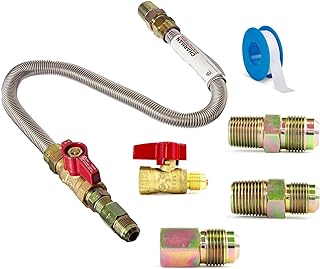 Universal Gas Appliance Installation Kit - 22” One-Stop Range Hook-Up - Stainless Steel Flexible Connector Line - ½” Brass Flare Shut Off Valve & Couplings - Water Heater Stove Fireplace