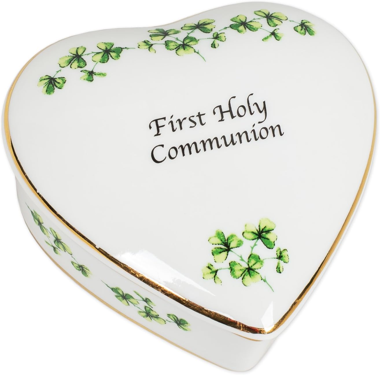 CBECBE First Holy Communion Irish Shamrocks Porcelain Heart Shaped Keepsake Box