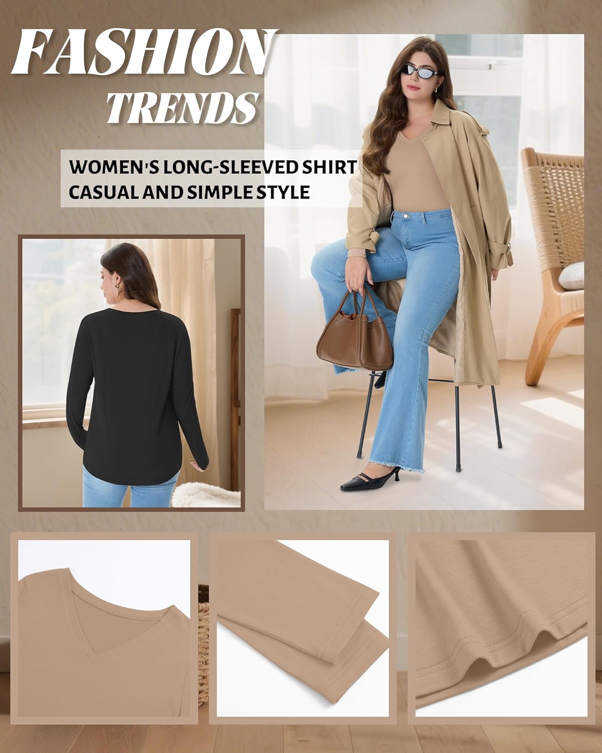 4 Pack Women's Plus Size T Shirts Long Sleeve V Neck Tops Basic Loose Fit Curved Hem Tunic Clothes - Image 3