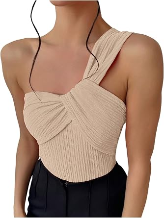 OYOANGLE Womens One Shoulder Going Out Bodysuit Tops Asymmetrical Textured Sleeveless Concert Tank Tops