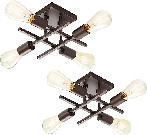 Lámpara industrial de techo semiempotrada de 4 luces, moderna lámpara de araña de bronce aceitado, lámpara de techo Sputnik de granja con base de