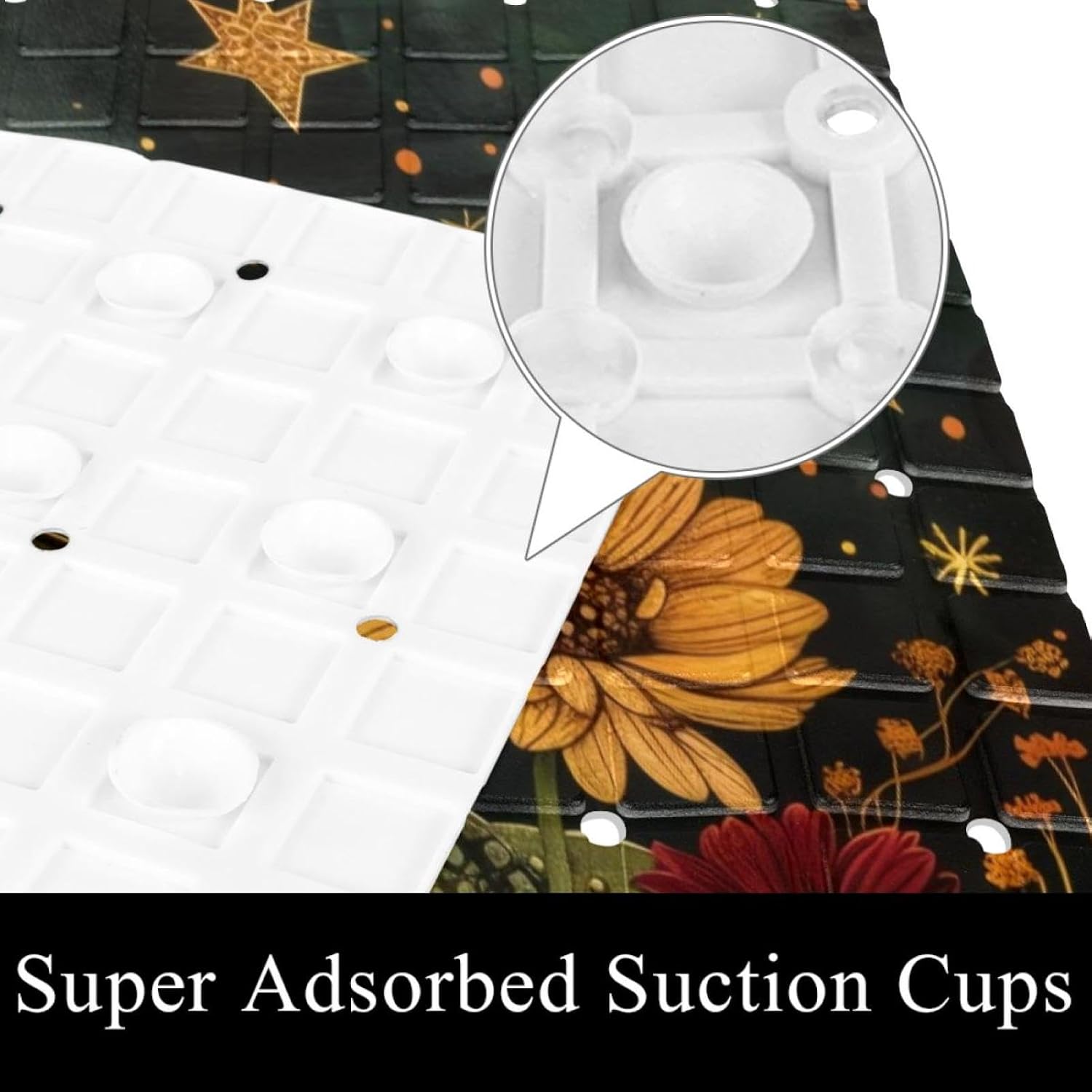 Boho Moon Stars Aesthetic Floral Funny Frog Bath Tub and Shower Mats, Non Slip Bathmat with Drain Holes and Suction Cups for Bathroom Floor, 15.1 x 26.8 Inch