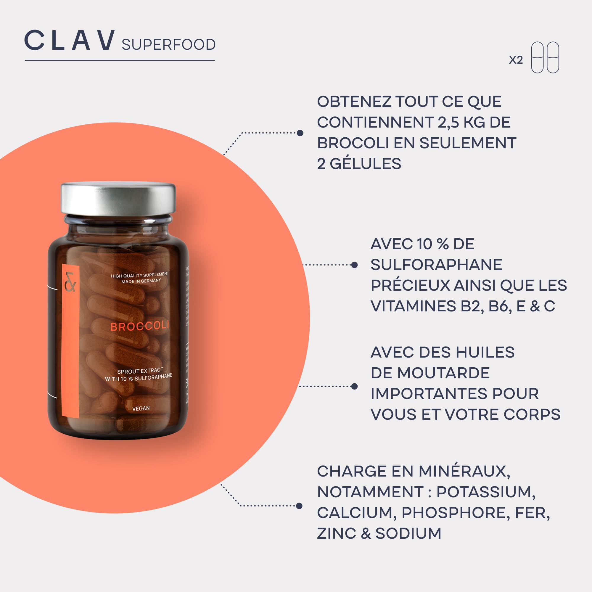 Extrait de Brocoli avec 10% Sulforaphane un puissant Anti-oxydant - 60 Brocolis Gélules Riches en Vitamines et Minéraux - Doses élevées pour 1 Mois - Certifié & Durable en Pot