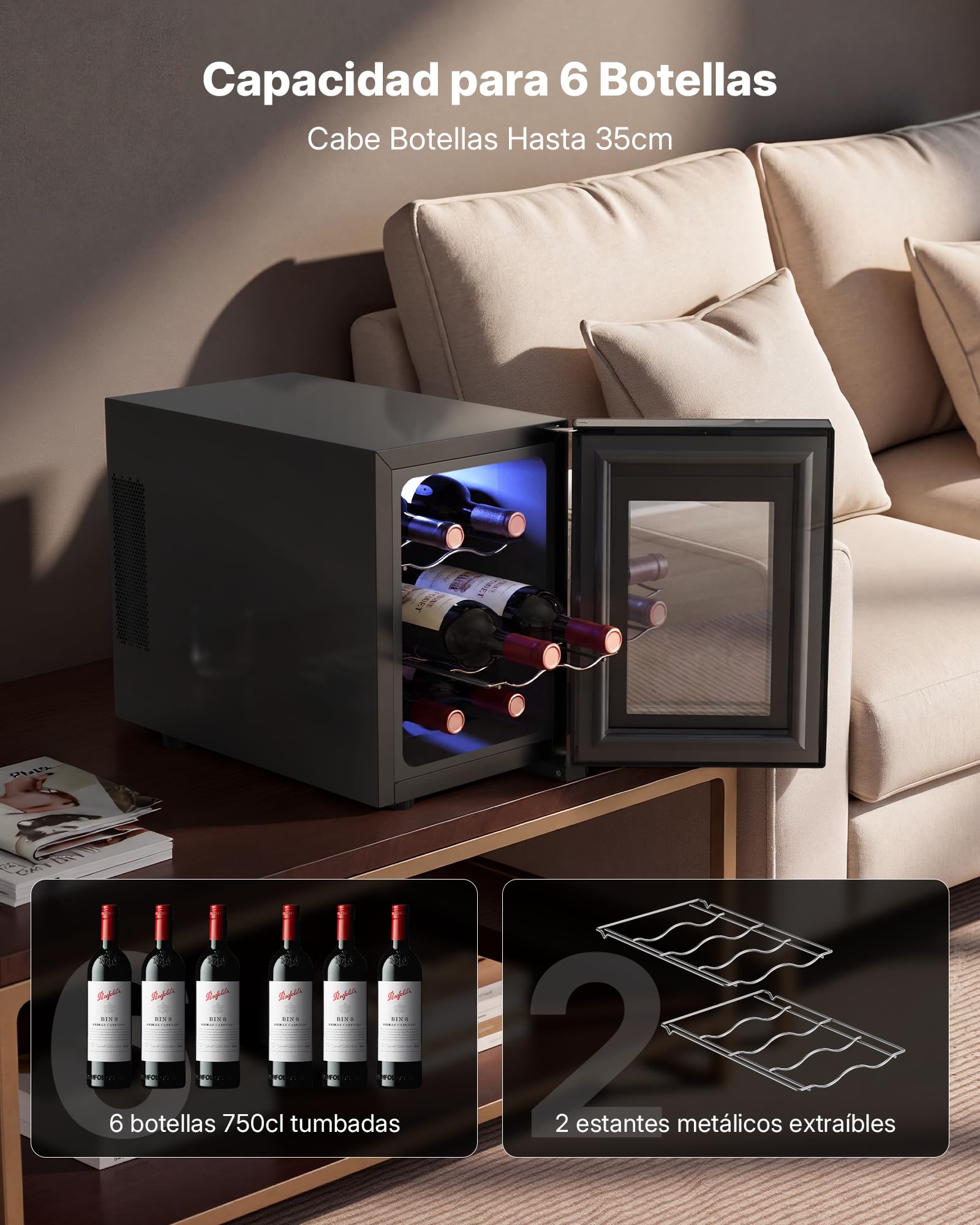 Upstreman Vinoteca para 6 botellas, 5-18 °C ajustable, pantalla táctil digital, silenciosa, doble cristal térmico anti-UV, iluminación LED | 5-18 °C ajustable, pantalla táctil digital, silenciosa, doble cristal térmico anti-UV, iluminación LED