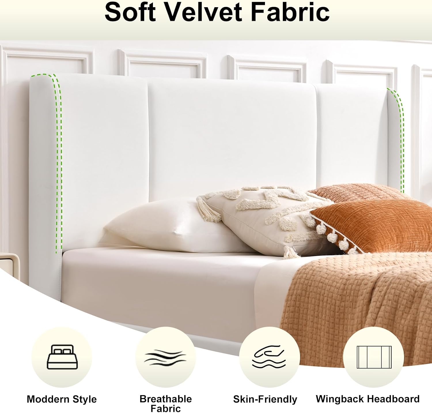 VELOCAVA Queen Size Upholstered Bed Frame with 4 Storage Drawers, Modern Velvet-Like Platform Bed with Wingback Headboard, Sturdy Wood Slats,No Box Spring Needed, White